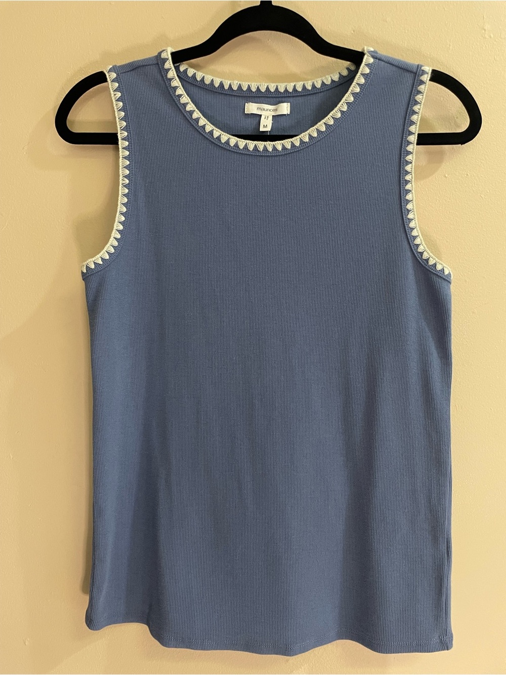 NWT Maurices Blue Ribbed Tank Top White Zigzag Trim Size M